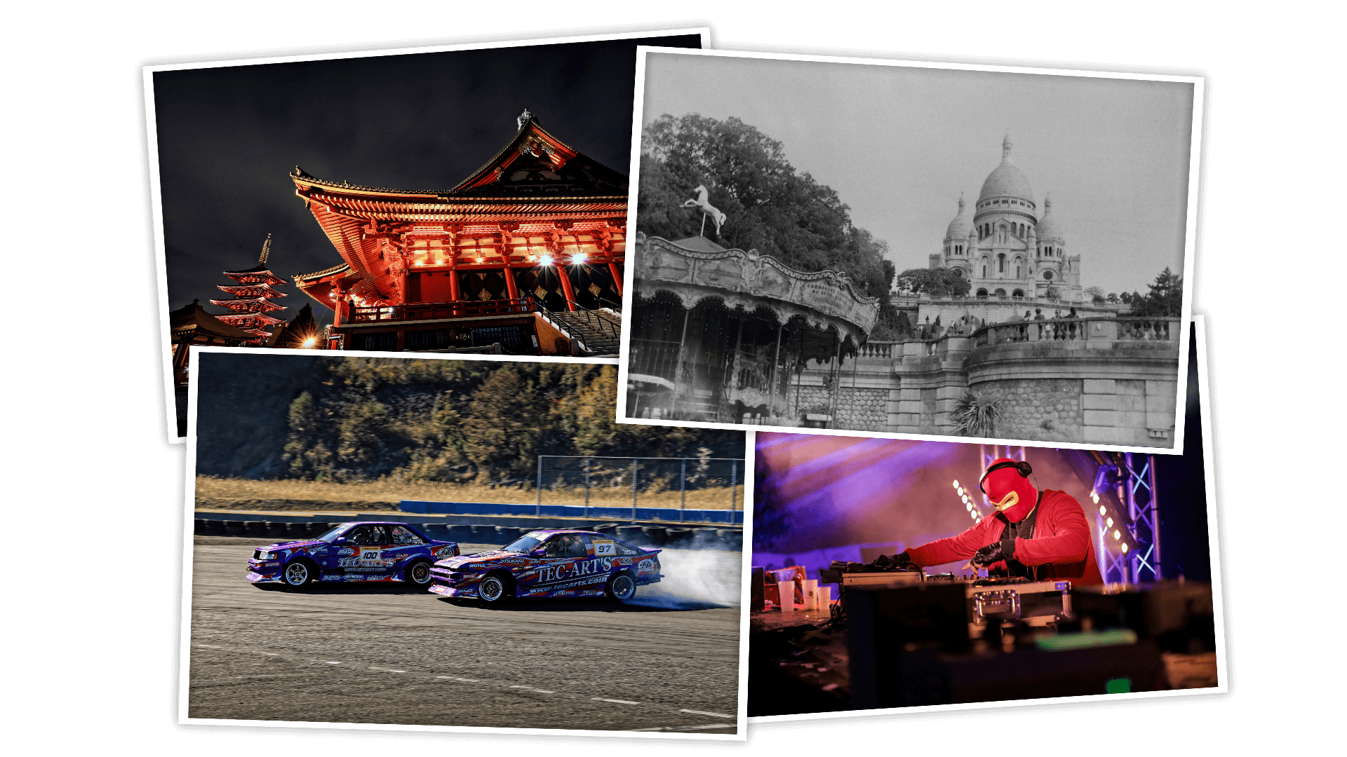 Quatre photographies de paysage, monument, course automobile et concert.